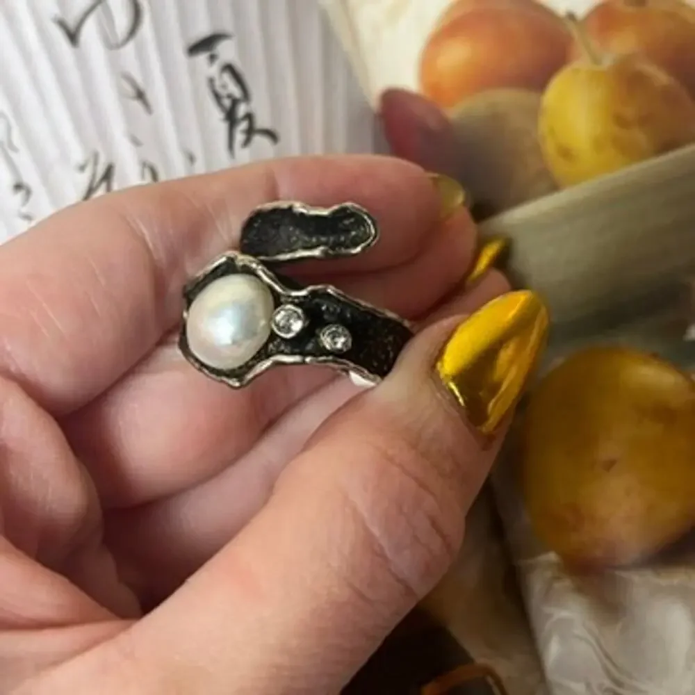 Artisan Sterling Silver Genuine Pearl and Sparkling CZ Wrap Ring